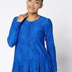 LOGO by Lori Goldstein Crew Neck Jacquard Cardigan, Prussian Blue Blouse